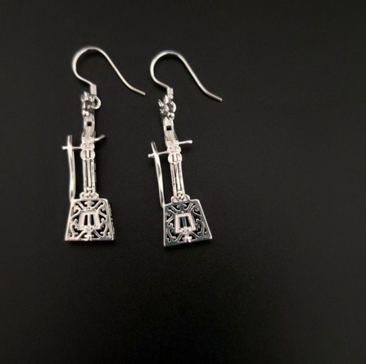 Mongolian Handmade Silver Earrings with Horsehead Fiddle Design