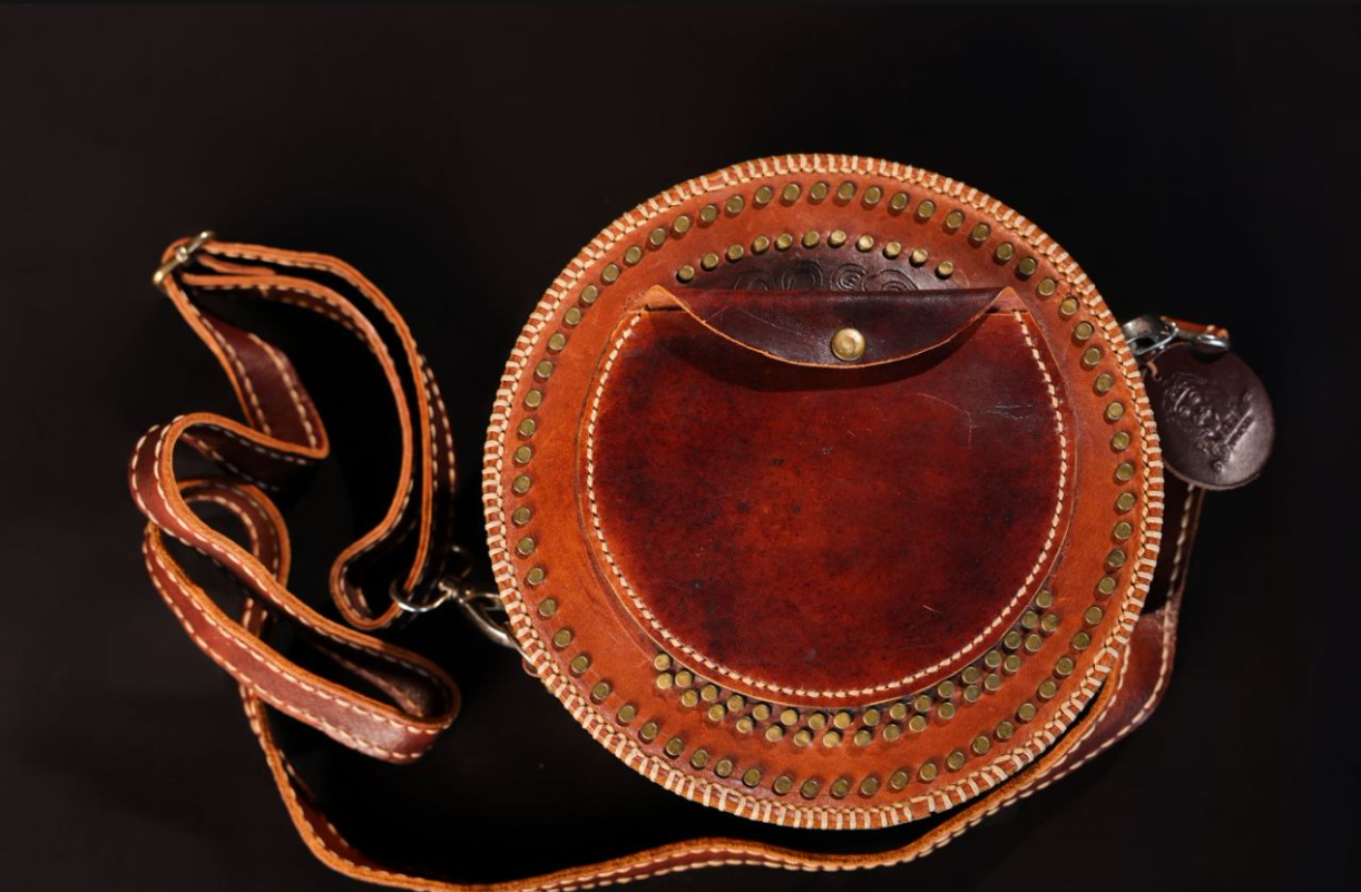 Handcrafted Mongolian-Style Genuine Leather Round Bag