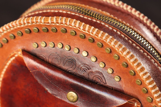 Handcrafted Mongolian-Style Genuine Leather Round Bag