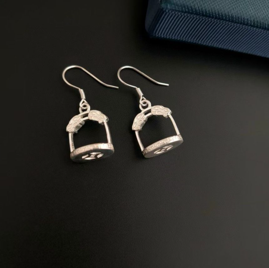 Mongolian Handmade Silver Earrings with Birdcage Design