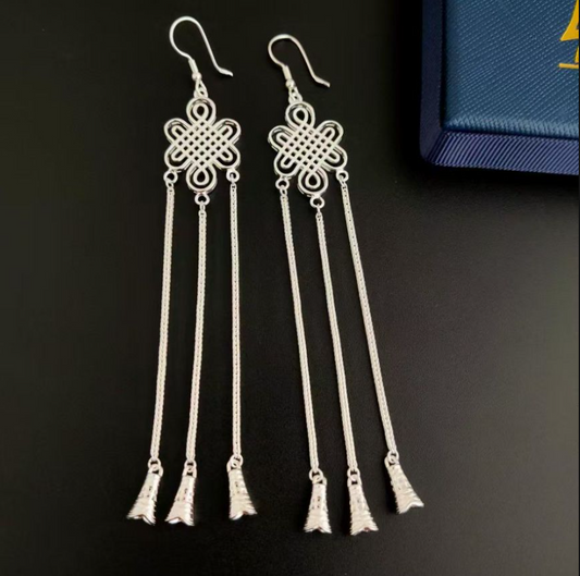 Mongolian Handmade Silver Earrings with Chinese Knot Hollow Design